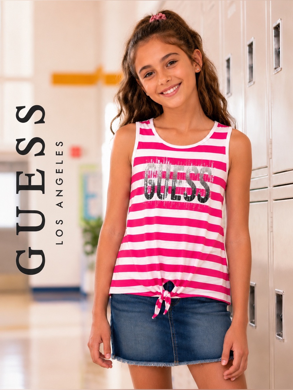 GUESS Girls Striped Sequin Logo Tank Top Size 10 Pink White Tie Front Sleeveless